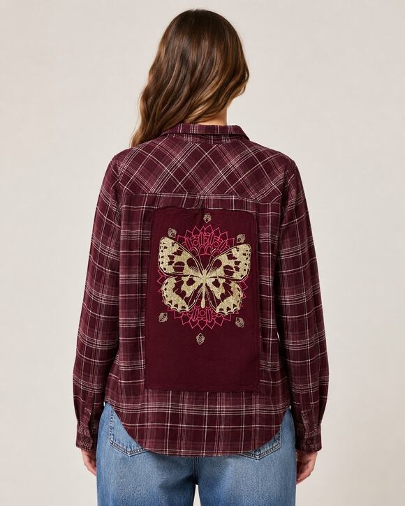 Viva Little Shop Handcrafted Tops - SONOMA Burgundy Wine Plaid Upcycled Butterfly Flannel Shirt Size Small